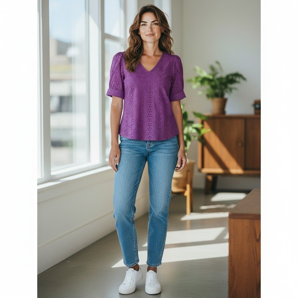 Draper James Blouse Womens Purple Eyelet Puff Sleeve V-Neck Cotton XS